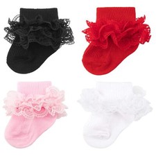 4 Pack Baby Girls Socks Eyelet Ruffle Lace Baby Socks Newborn Infant Toddler ...