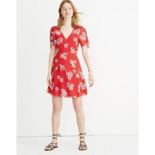 Madewell Mini Dress 6 Button Wrap Tie Floral Flutter Sleeve Daisy Society Red
