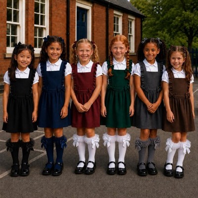Girls School Pinafore Dress with Bows & Frills | School Uniform Navy/Brown/Grey