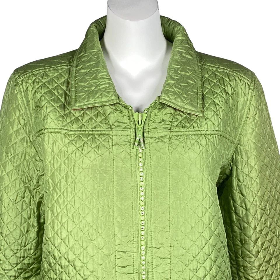 Quacker Factory Quilted Silk Jacket Womens Size L Sparkle & Shine Green A57343 - Image 2 of 4