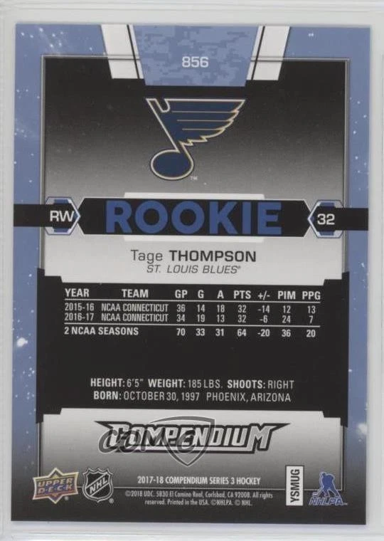 2017-18 Upper Deck Compendium Rookies Blue Tage Thompson #856 Rookie RC - Image 2 of 2