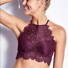 PINK Victorias Secret S DD Burgundy Purple Lace Push Up Halter Bralette Crop Top