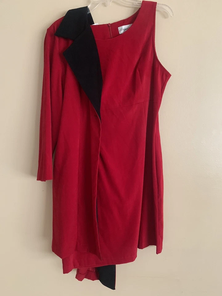 Conjunto de 2 piezas de vestido chaqueta ribete negro rojo esmoquin de terciopelo vintage para mujer fiesta navideña Foto 4 de 4