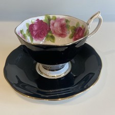 ROYAL ALBERT Old English Rose Tea Cup and Saucer and side Vintage Black Gold