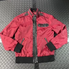 G By Guess Jacket Mens Small Red Nylon Bomber Zip Pockets Faux Leather Trim