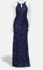 B A By Betsy  Adam Women's Blue Sequin Floral Halterneck Gown Dress Size 12