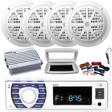 Pyle 1-DIN Marine MP3 Receiver W/Cover, 4x 4'' Speakers, 4 Channel Amplifier