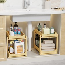 Bamboo Under Sink Organizer Adjustable Height 2 Tier Bathroom 2 Packs, Nature