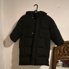 Black Hooded Down Puffer Jacket Unisex Kids Winter Long Sleeve Snap Closure