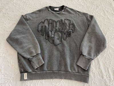 MIKUTA Faded Love Relaxed Sweater Sweatshirt Distressed 3D Gray Oversized Small