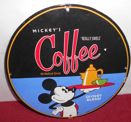 VINTAGE 1940 "MICKEY'S COFFEE MOUSE" 11 3/4" PORCELAIN METAL GASOLINE & OIL SIGN