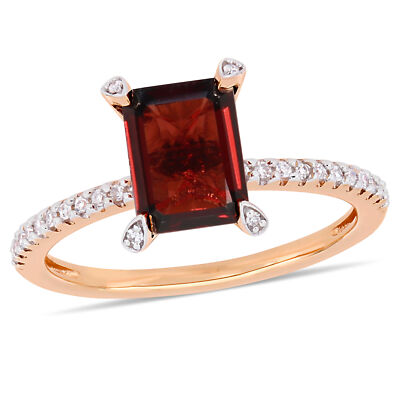 Amour 10k Rotgold Achteckschliff Granat und 1/10ct TDW Diamant Solitär Ring