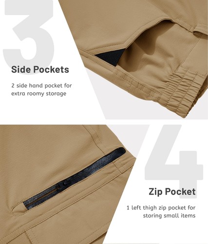 TACVASEN Herren Wandershorts Schnelltrocknend Outdoor mit Multi Taschen Khaki XL - Picture 4 of 6