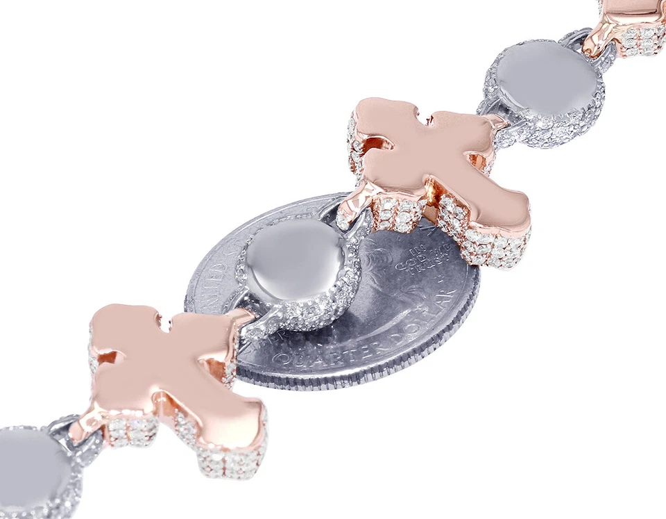 Cross and Real Diamond Beads 15.8CT Bracelet 10k Yellow/White Gold 8.25" - Image 3 of 4