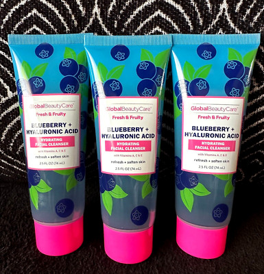  3pk GLOBAL BEAUTY CARE BLUEBERRY + HYALURONIC ACID FACIAL CLEANSER SOFTEN SKIN