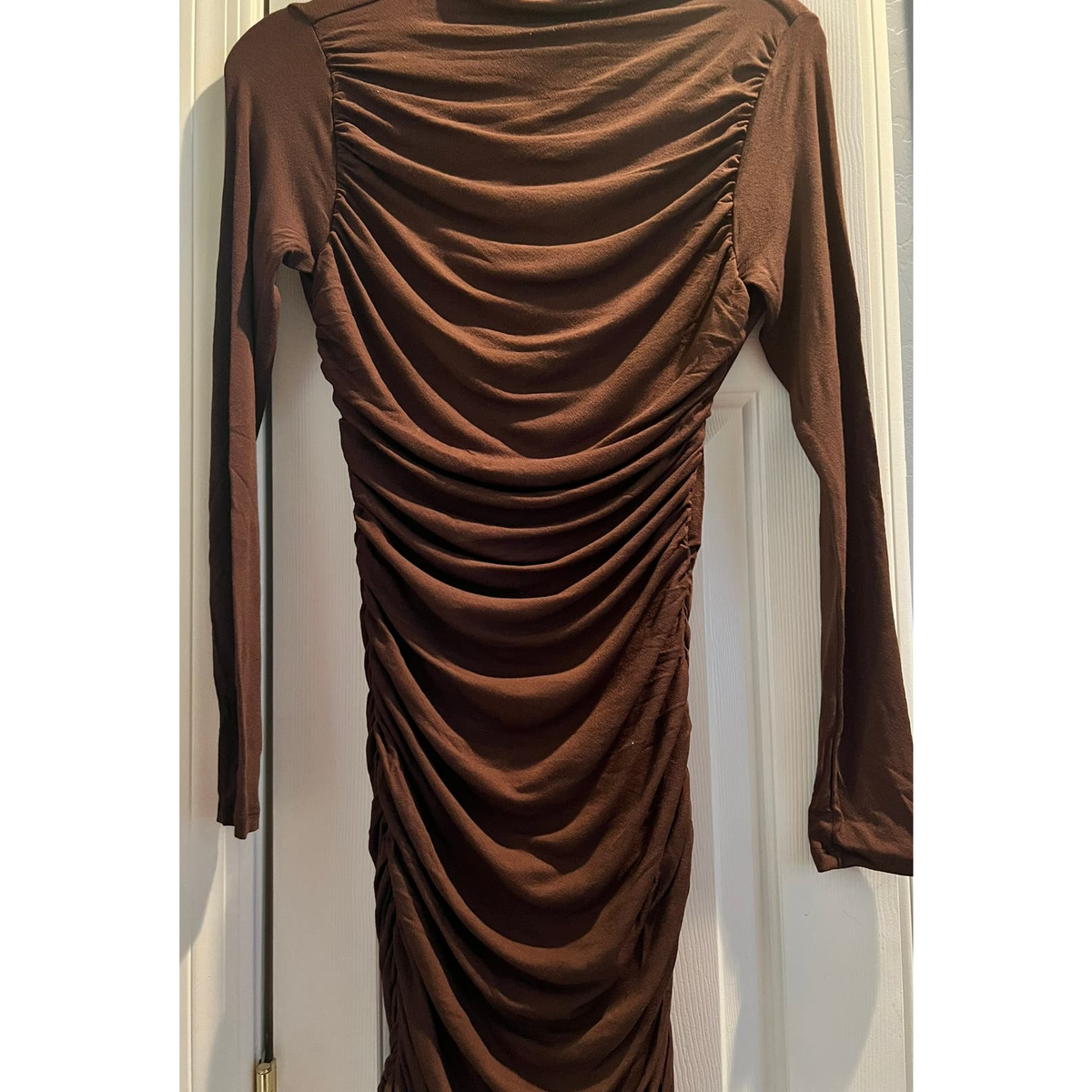 Naked Wardrobe | Ruched Long Sleeve Cutout Back Mini Dress - Chocolate,  Size L | eBay