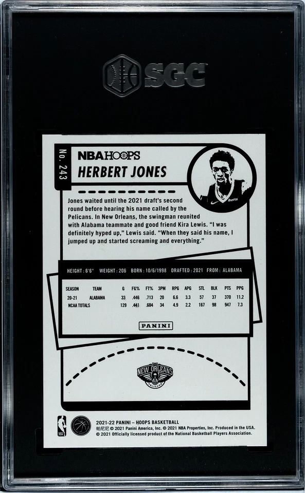 Herbert Jones 2021-22 NBA Hoops Proof Gold Rookie #243 Pelicans /10 RC SGC 9.5 - Image 2 of 2