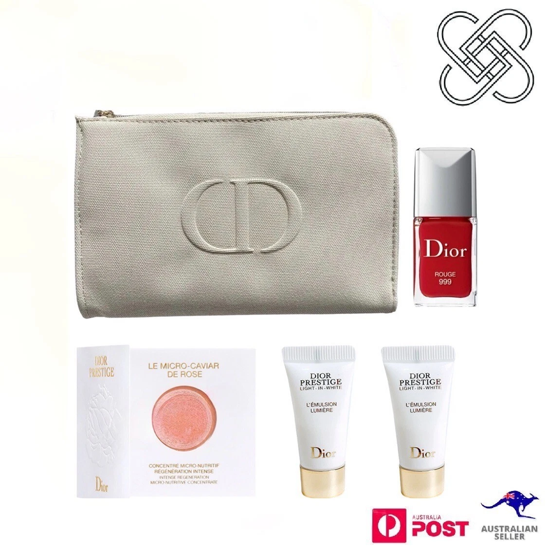 Christian Dior Prestige Skincare & Nail Polish Set with Cosmetic Beige Bag NEW