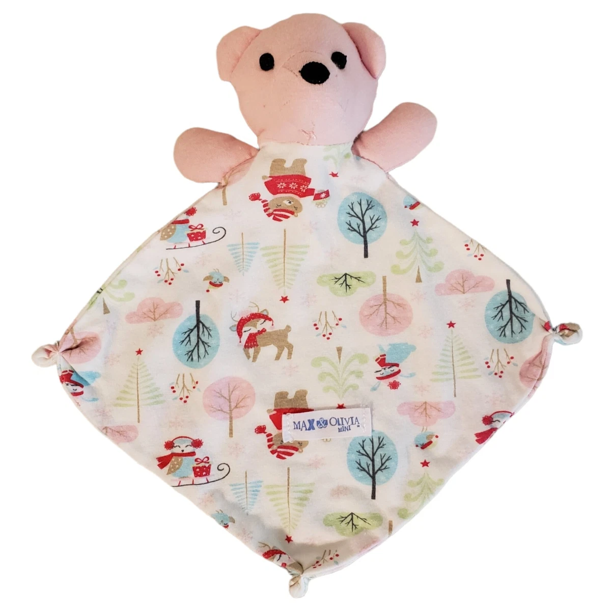 Max Olivia Mini Lovey Baby Security Blanket Toy Pink Bear Winter Scene Print