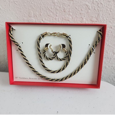 Trifari Gold Tone & Black Rope 18  Necklace 7 1/4  Bracelet & Earrings Set