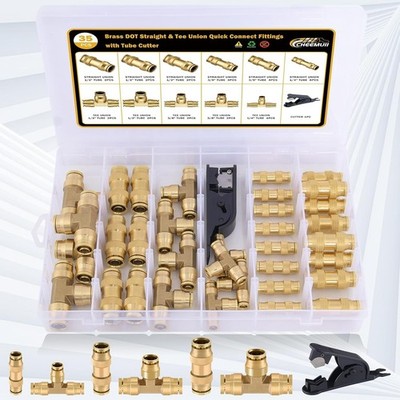 CheeMuii 35 PCS Brass DOT Air Line Fittings Kit 1/4 3/8 1/2 DOT Quick Connect...