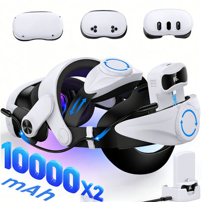 Battery Head Strap 10000mAh for Meta Quest 3/3S/Quest 2 Adjustable Elite Strap