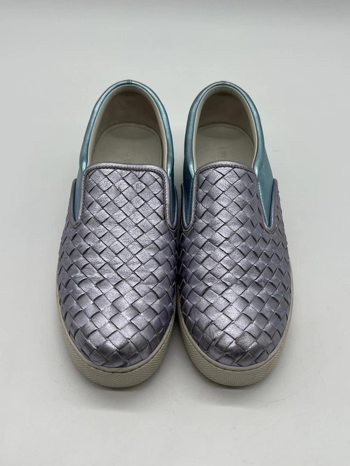 Женские серые зеленые металлические тканые кожаные туфли Bottega Veneta размер 39,5 США 9,5 Dodger - Изображение 3 из 4