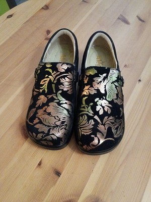Alegria Kara Black Foil Floral Print Leather Slip-On Comfort Clogs