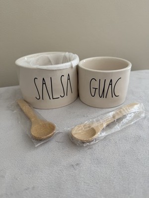 Rae Dunn Artisan Ceramic Chip & Dip Bowl Set Guac Salsa Bamboo Spoons 4pc