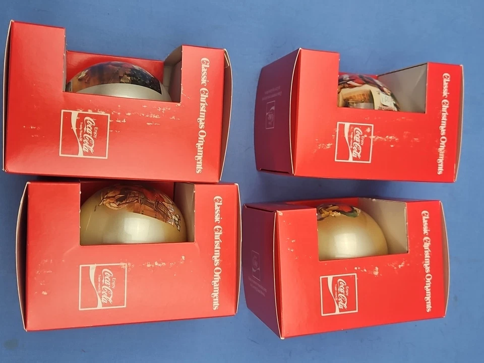 SET OF 4 CLASSIC COCA-COLA BALL SANTA CHRISTMAS ORNAMENTS CORNING GLASS COKE NEW - Image 4 of 4