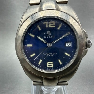 Cyma Watch Men 37mm Blue Dial Titanium Date Round 333 New Battery