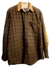 Woolrich Men's Large Flannel Shirt Jac Green Wool Blend Elbow Patches Cabin