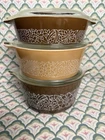 PYREX 441-443 WOODLAND Casserole Set w/ Lids Brown Tan 1pt, 1.5pt, 1qt Vtg EUC
