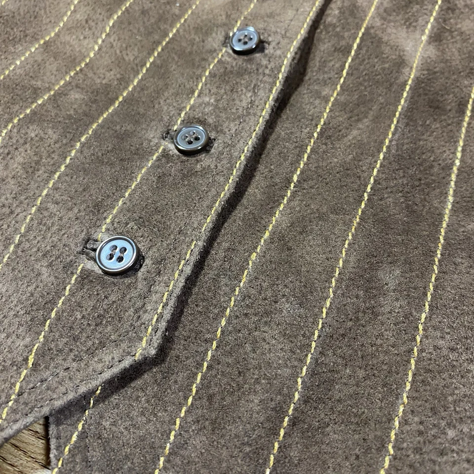 NUEVO CON ETIQUETAS DE COLECCIÓN Mujeres XL Calce Ajustado Wilson Cuero Máxima Marrón Dorado Rayas Gamuza Chaleco Foto 2 de 4