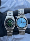 Vintage Lot of Two Seiko 5 Automatic 17 Jewels GREEN & ICE BLUE DIAL JAPAN Watch