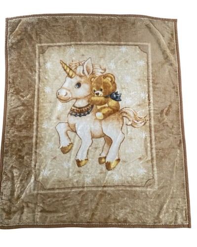 Baby Mink Brown Beige  Unicorn Teddy Bear Plush Blanket Throw 49x43”