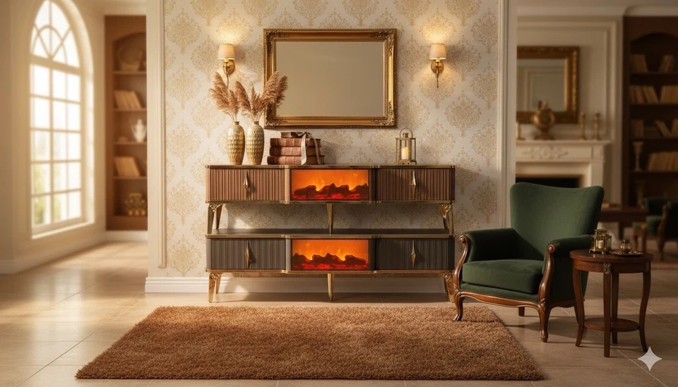 Sideboard Art Deco mit Kamin 160 cm – Modernes Design, LED-Beleuchtung, Zimmer - Bild 2 von 4