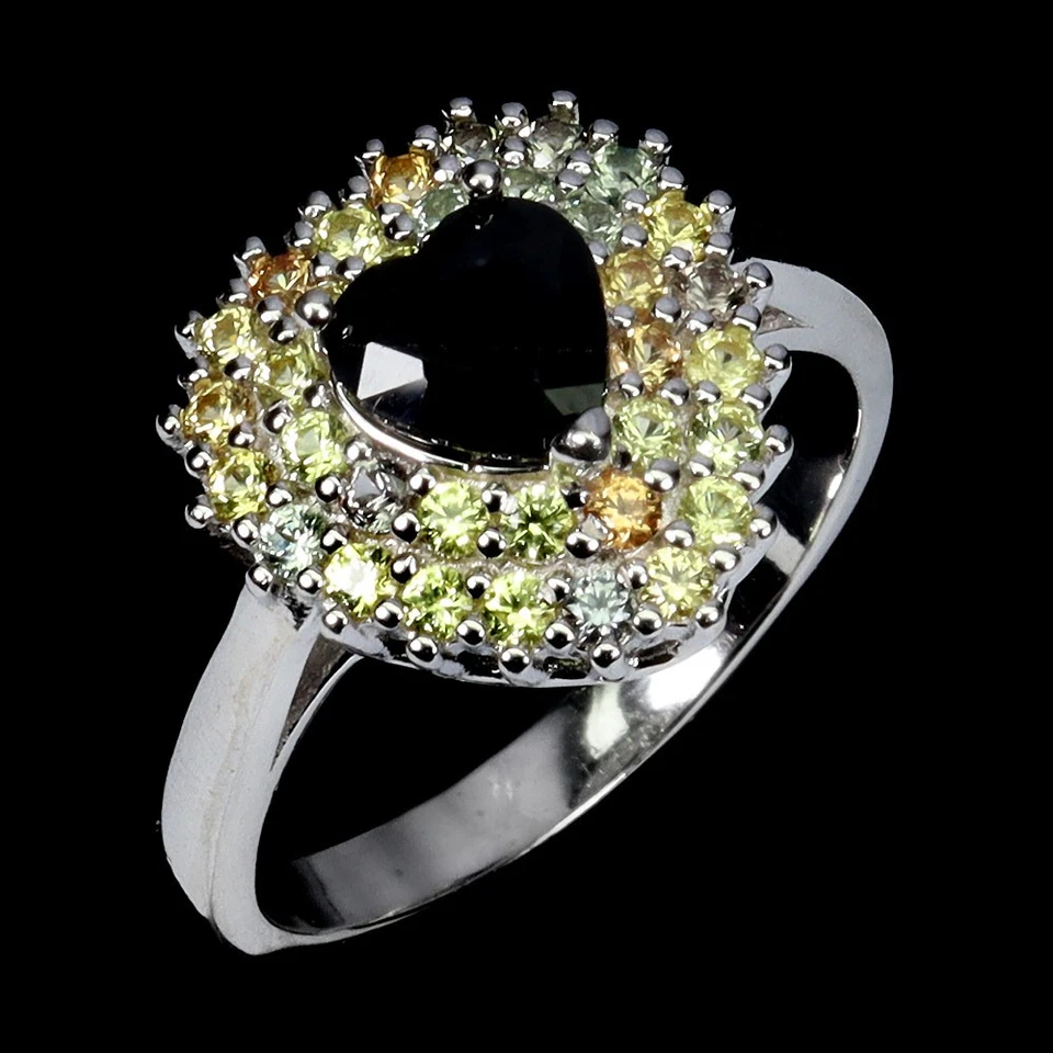 925 Anello Argento Sterling Cuore Nero Zaffiro 6mm Gemma Gioielli Misura 8 - Immagine 2 di 4