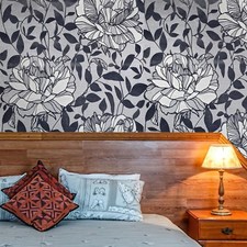 Wallpaper gray silver navy blue Flocking Velvet flocked Textured floral flowers