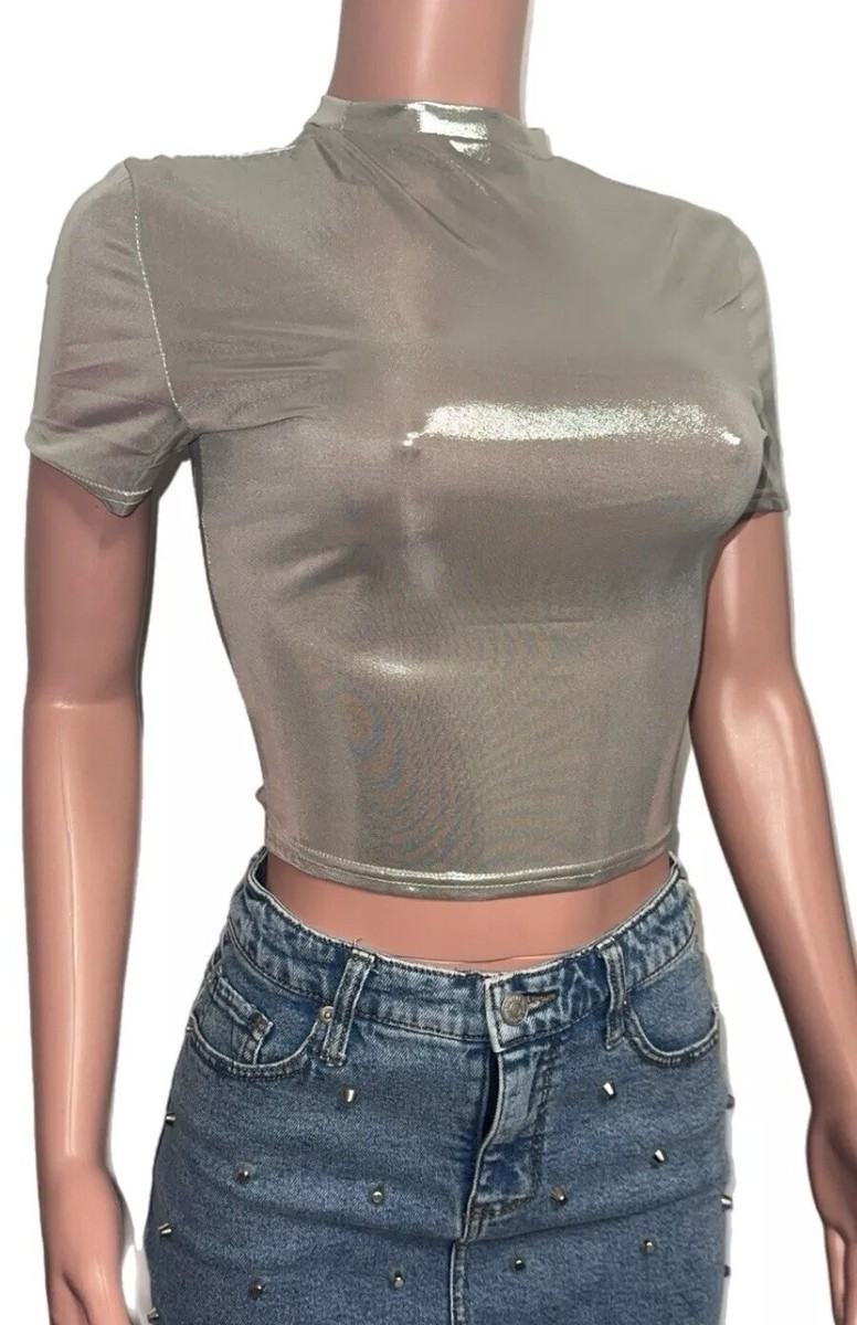 Y2K Glamcore 80’s Style Silver Shiny S S/S Crop Top Disco Party Mod 90’s 2000’s