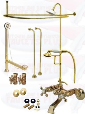 Polished Brass Clawfoot Tub Faucet Kit W Shower Riser Enclosure