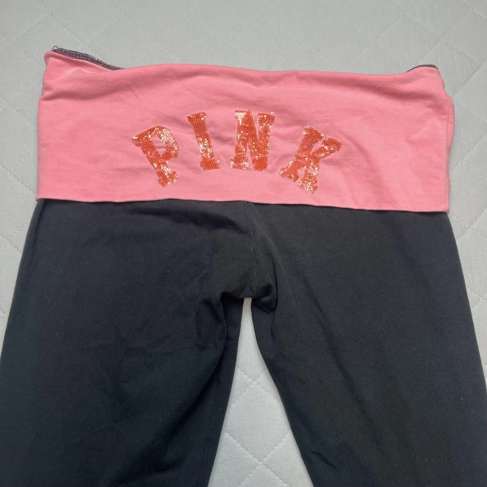 Victoria's Secret PINK Leggings Womens Large Black Pink Yoga Foldover Sequin - Image 2 of 4
