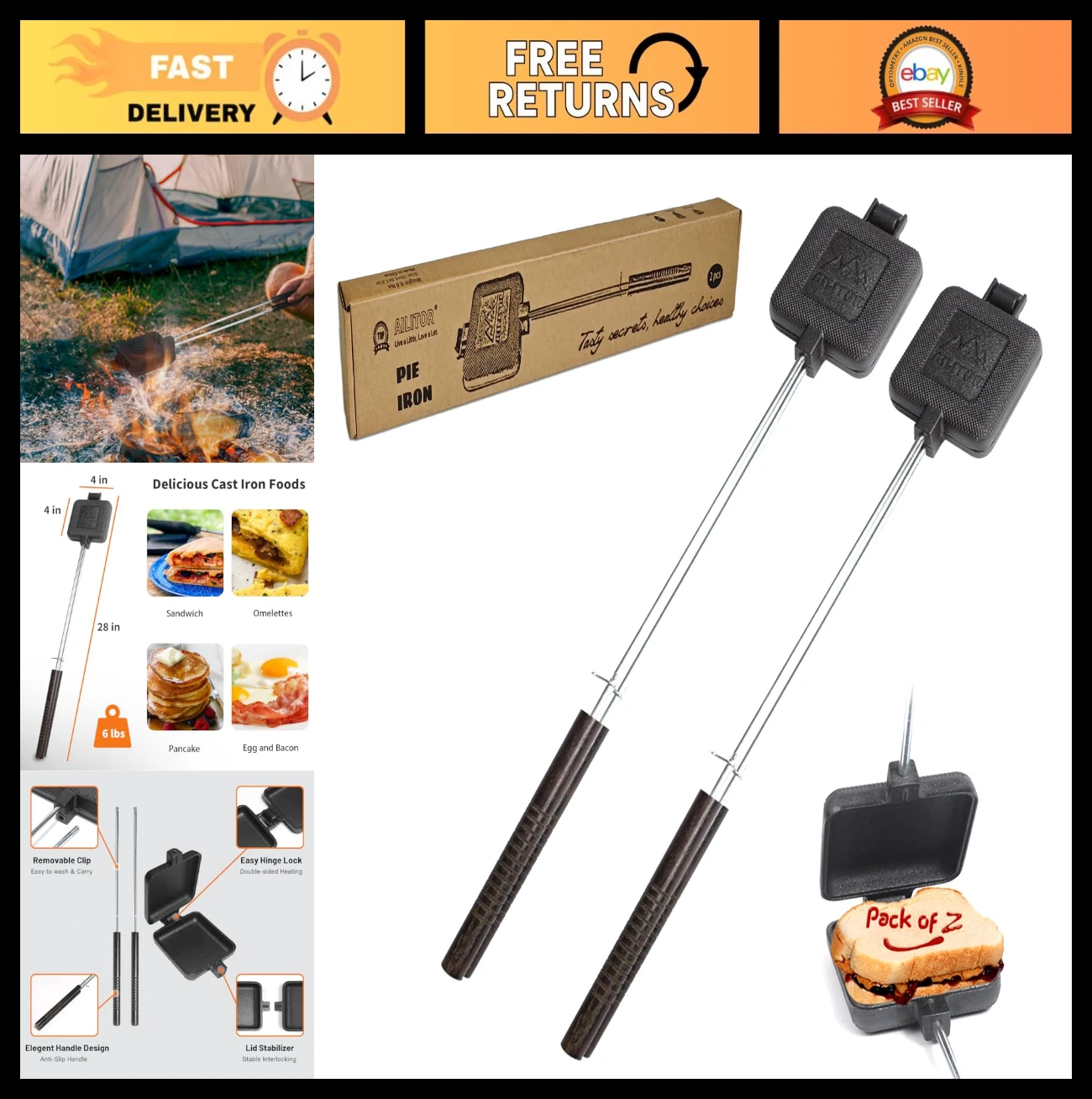 Cast Iron Campfire Pie Cooker Set - 2 Pack Sandwich Maker for Outdoor Cooking