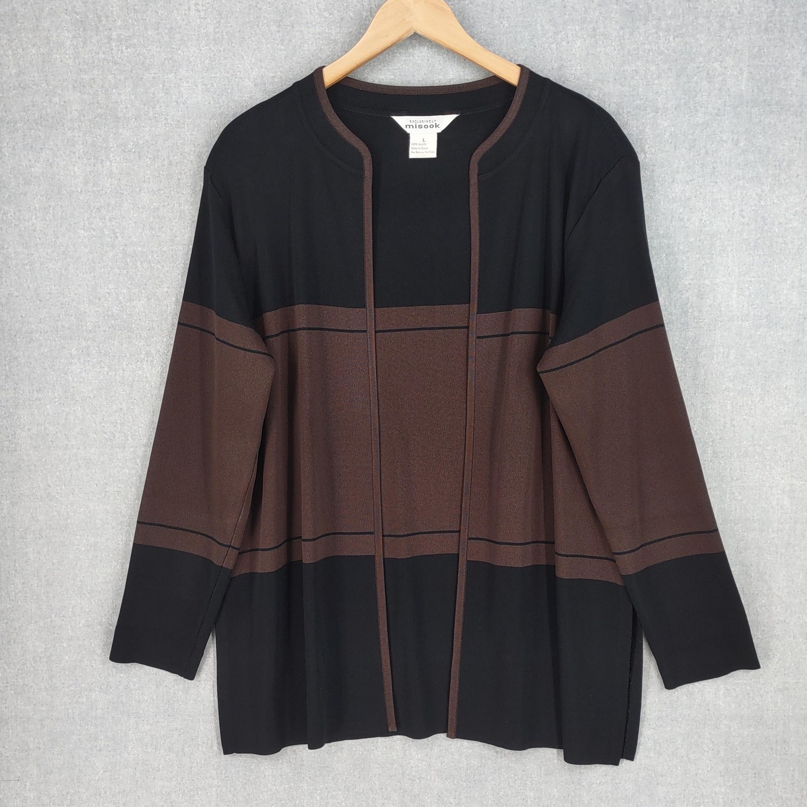 Exclusively Misook Cardigan Womens Large Black Brown Knit Open Front Lagenlook *