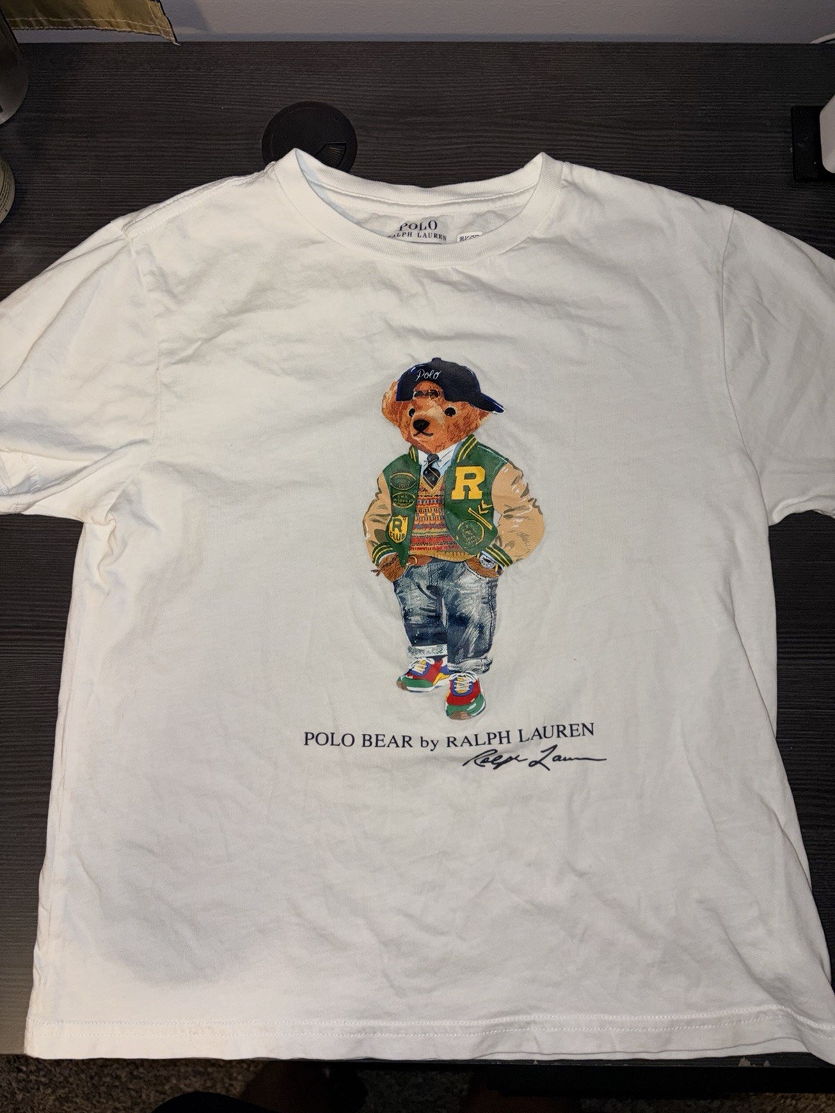 Polo Ralph Lauren Boys White Polo Bear Varsity Jacket Youth T-Shirt Medium 10-12