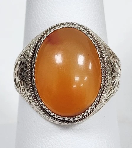 Vintage Sterling Silver 925 Orange Aqeeq Agate Handcrafted Ring Size: Adjustable