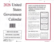 2026 US GOVERNMENT WALL CALENDAR UNICOR QTY:1 SINGLE CALENDAR - SUPER FAST SHIP!