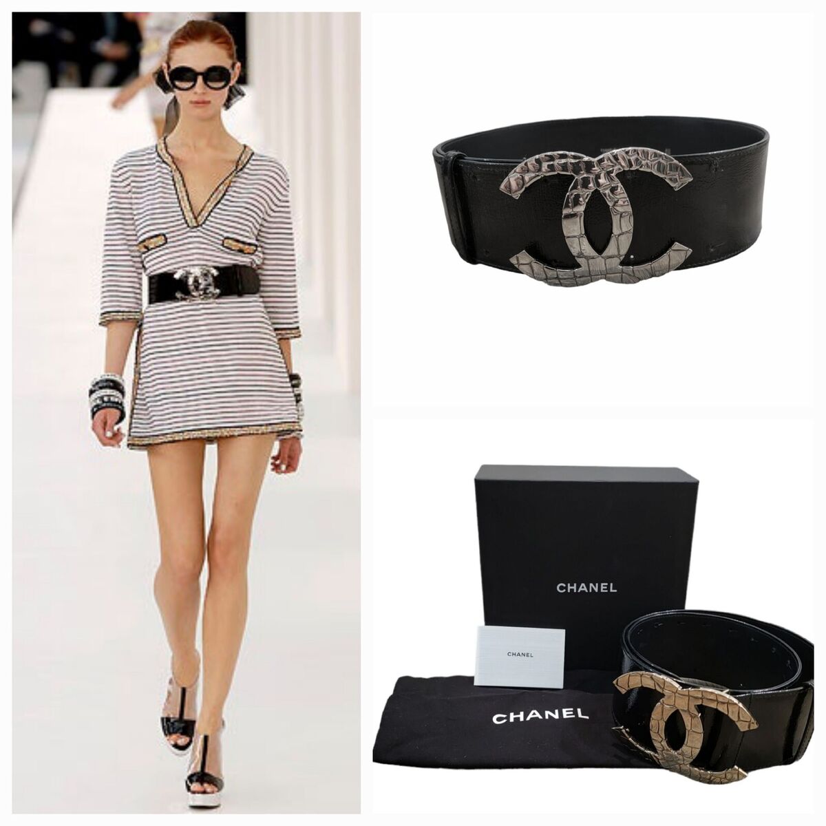 CHANEL O7 Black Patent Leather Quilted CC Logo Wide Belt CHANEL O7 Black Patent Leather Quilted CC Logo Wide Belt