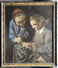 Portrait Girl Knitting with Mother Expressionist around 1930 Signed
