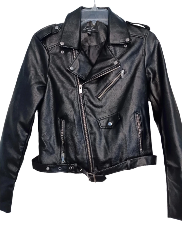 Biker Jacket Women's Black Faux Leather Modern Zipper Snaps Medium - Image 3 of 4
